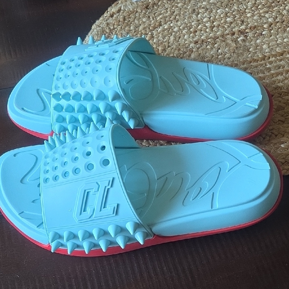 Christian Louboutin Red and Teal Slip-On Loafers with Signature Spikes